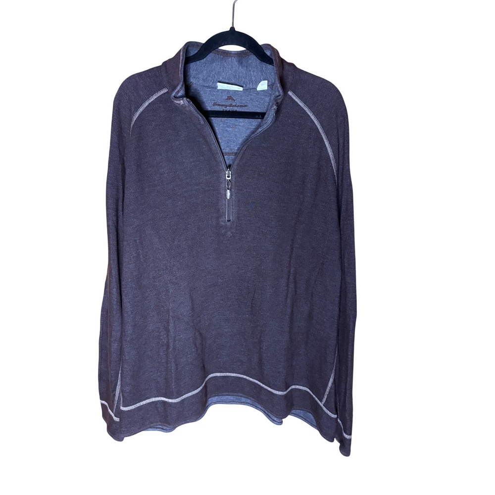 Tommy Bahama Reversible 1/4 Zip Pullover Brown Gray XXL Cotton Tencel Sweater